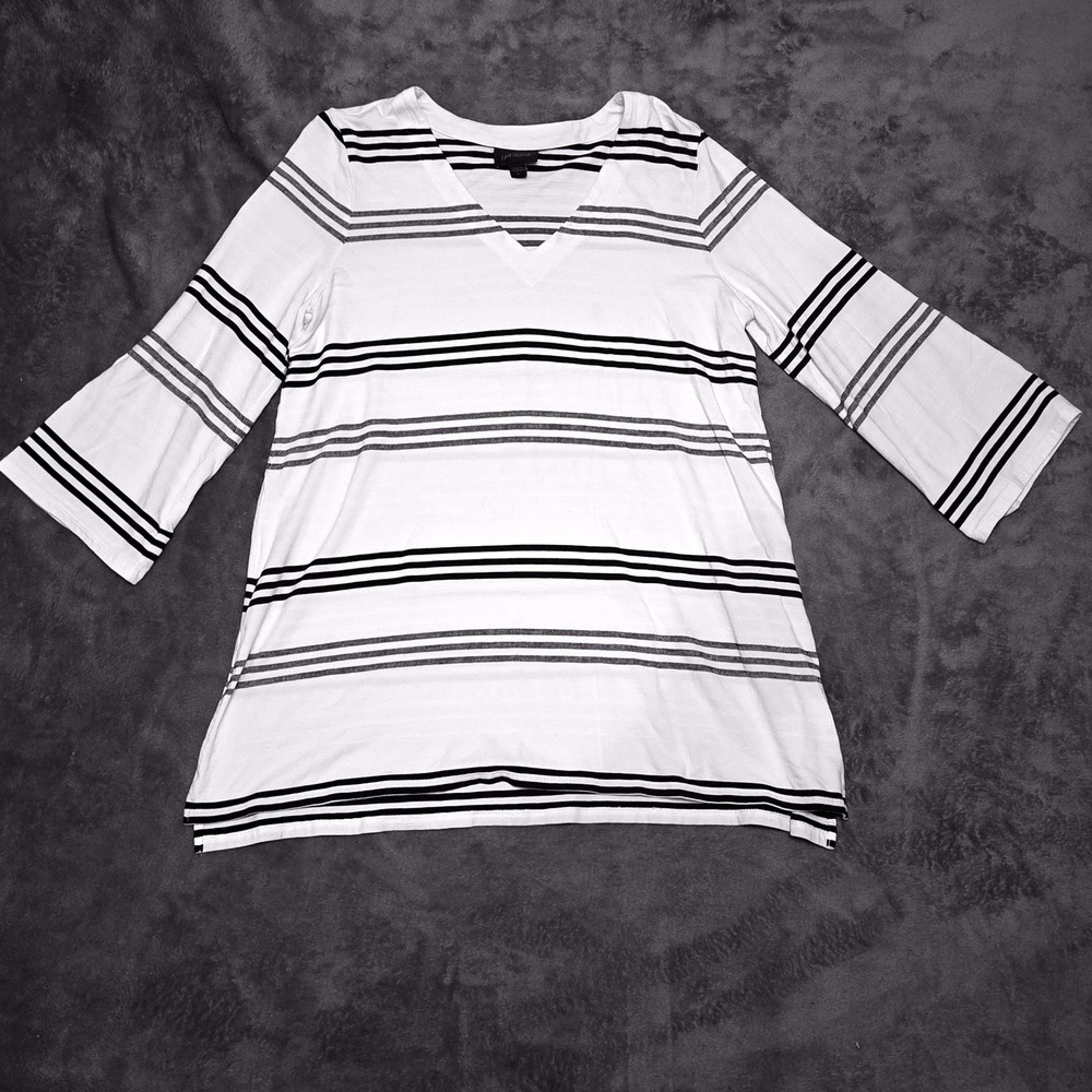 J. Jill Wearever Women's Small White Black Striped V-Neck 3/4 Bell Sleeve Tunic